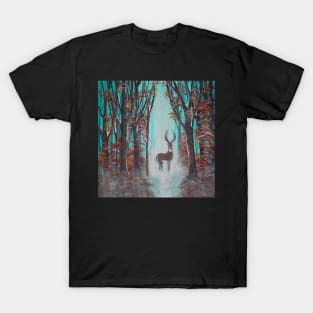 White Tail Deer, Buck Fall/Winter Art, Fall Red & Orange Leaves, Misty Teal background, Beautiful Gifts available on many products T-Shirt